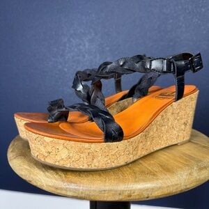 Crown Vintage "Dryden" Black Braided Leather Wedges with Cork Platform, Size 10